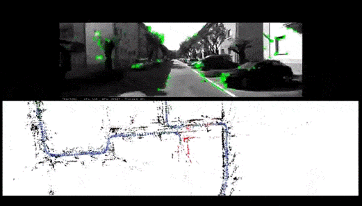 LAM in action. The top panel shows a UAS camera view with detected visual features highlighted in green, while the bottom panel illustrates a real-time map of the environment generated by the SLAM algorithm. The map includes key structural features and demonstrates loop closure.